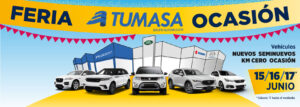 Foto del cartel de la Feria Tumasa Ocasión con foto de modelos de coches Peugeot, Mazda, Suzuki, Jaguar y Land Rover.