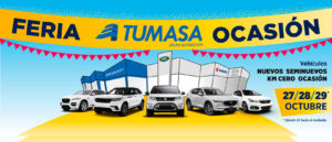 Cartel de la Feria Tumasa Ocasión con vehículos de ocasión de las marcas Peugeot, Mazda, Suzuki y Jaguar Land Rover