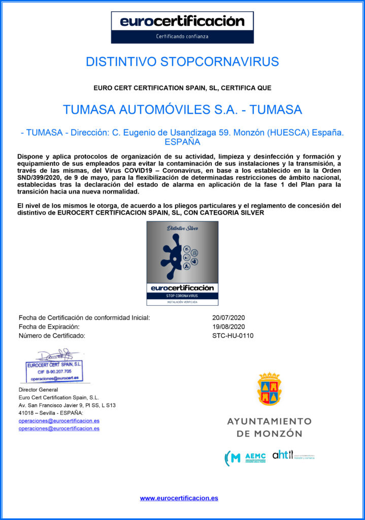 Certificado de Tumasa Monzón Stopcoronavirus