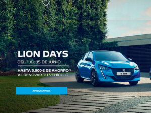 Imagen del Peugeot e208 al lado del título Lion Days en Huesca y Monzón