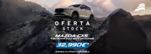 Foto del Mazda CX5 en la montaña y el precio en destacado por sólo 32.990€ sólo